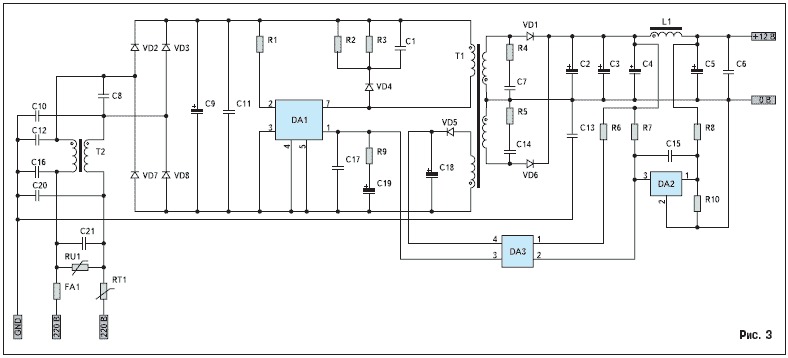 источник питания типа AC-DC, построенного на микросхеме TOP247Y семейства TOP Switch GX.