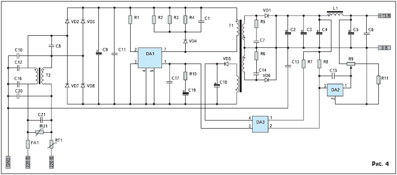 схема источника питания AC-DC с регулировкой выходного напряжения в диапазоне от 5 до 15 В.