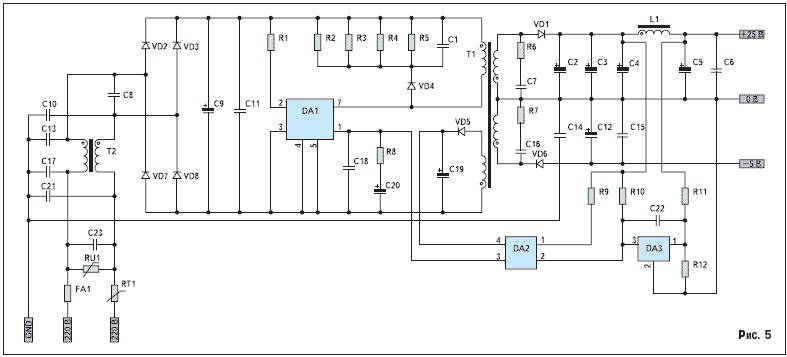 Первый — изолированный AC-DC преобразователь напряжения с выходным стабильным фиксированным напряжением 25 В, построенный по однотактной обратноходовой схеме