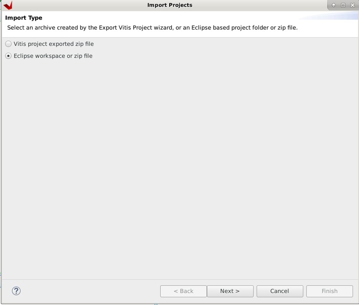 Выбирете «Import Type» в качестве рабочей области «Eclipse workspace or zip file» и нажмите «Next».