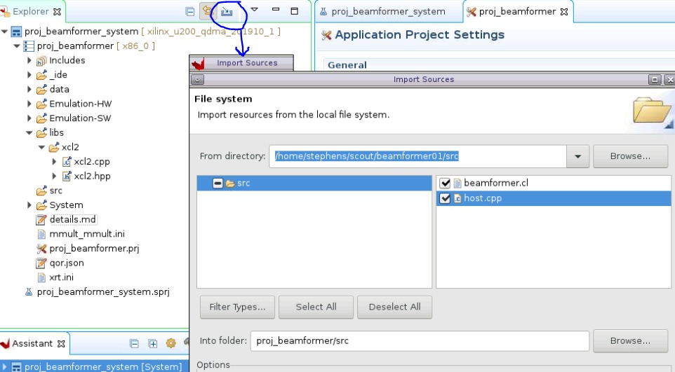 Импортируйте программные коды Host (host.cpp) и Kernel (beamformer.cl) в проект