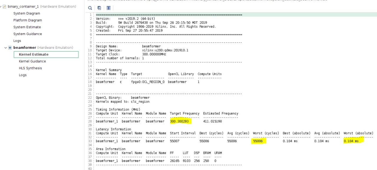 После открытия Vitis Analyzer выберите "Kernel Estimate", просмотрите данные о времени задержки и тайминги