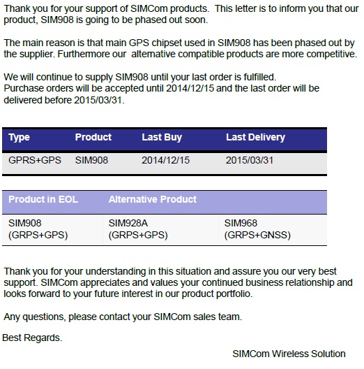 Компания SIMCom Wireless Solution объявила о снятии с производства модуля SIM908